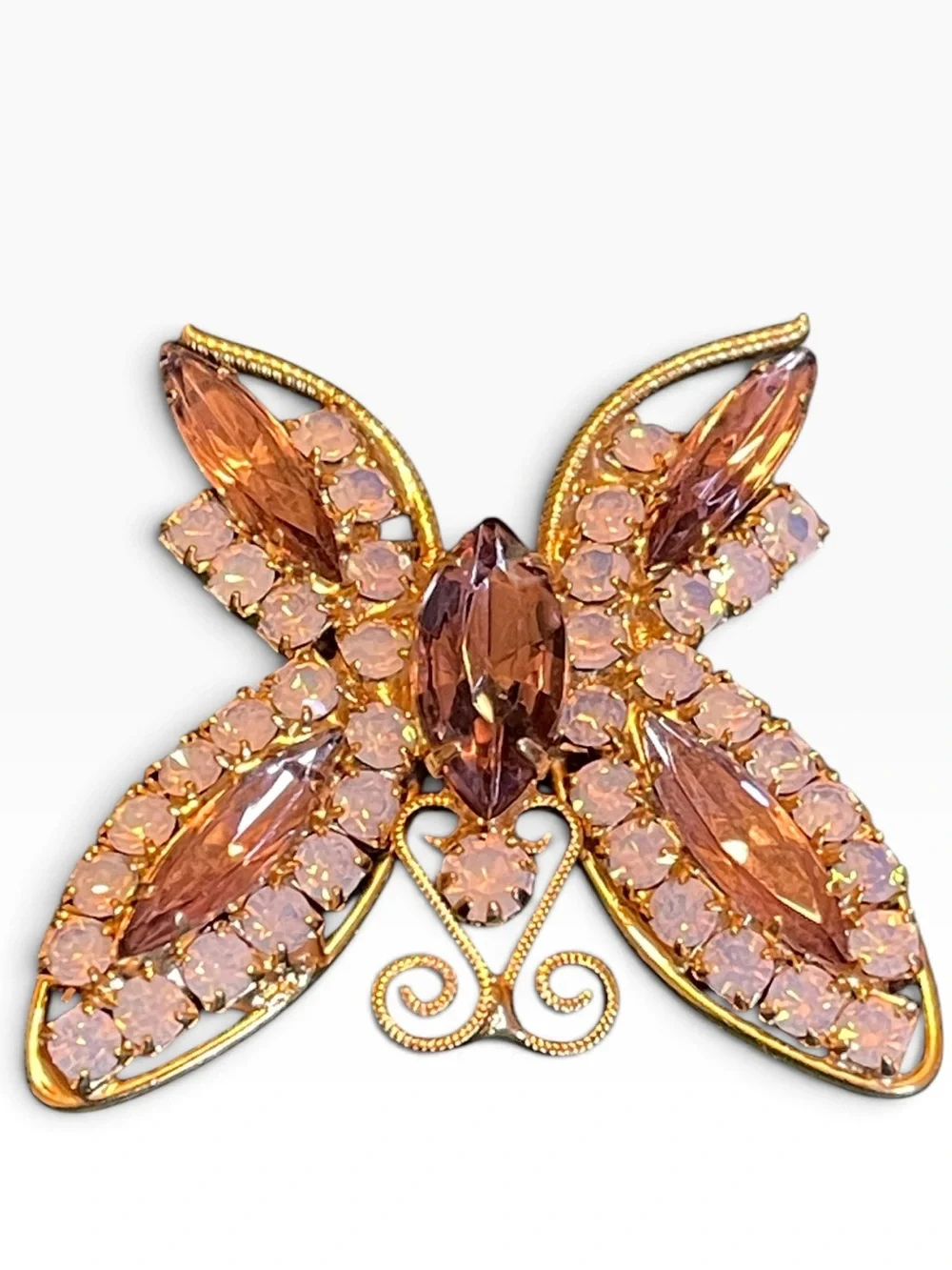 High-End Vintage Purple & Opaline Rhinestone Gold-Tone Butterfly Brooch